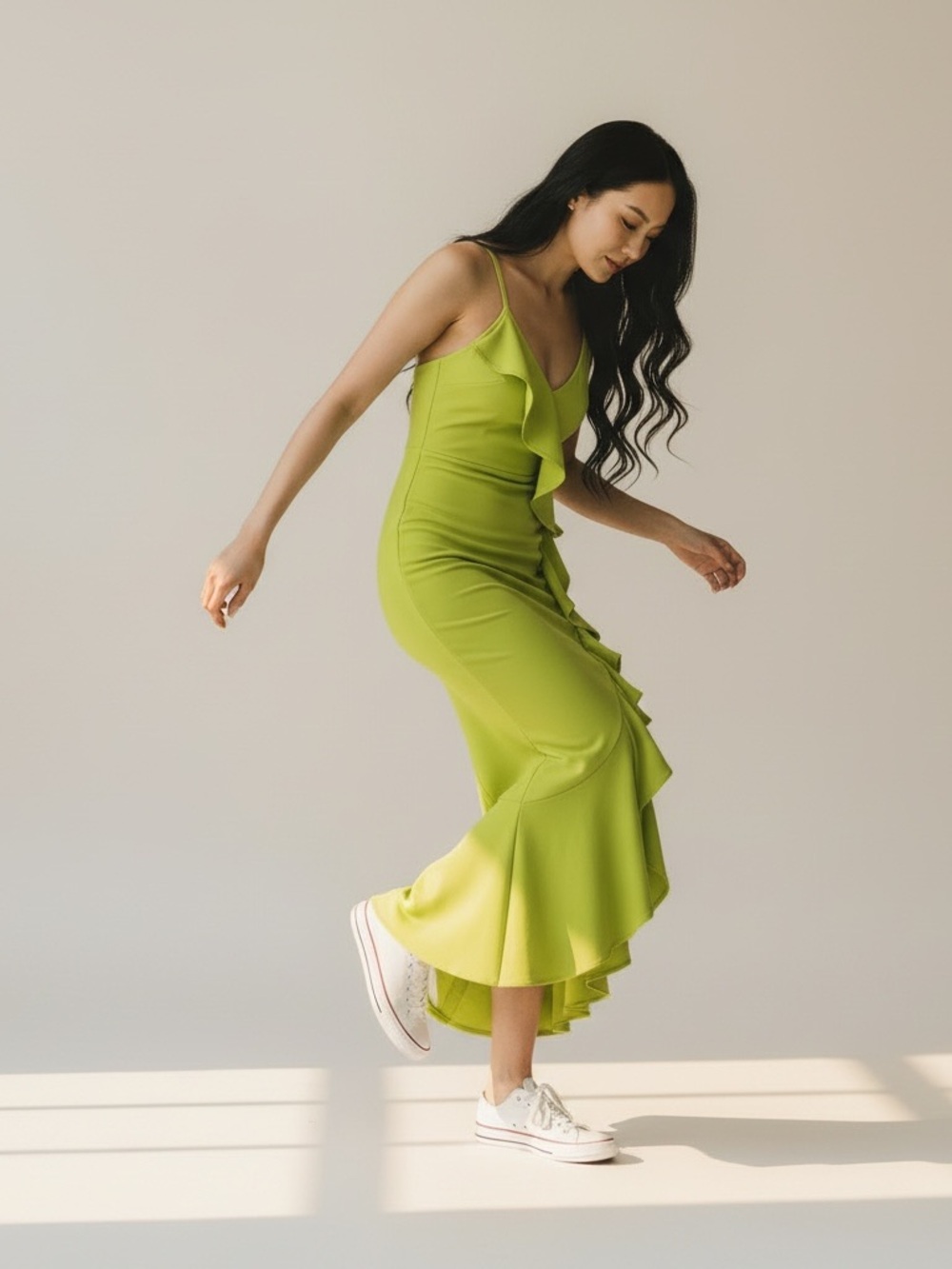 Lime Ruffle-Front Spaghetti Strap Dress - Picture 3 of 8